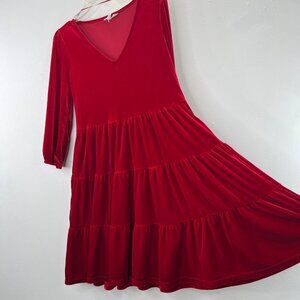 Red Velour Velvet Tiered Dress Babydoll M 8-10 Time and Tru 3/4 Sleeve V Neck